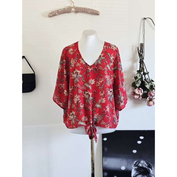 Como Tops - Como Vintage Top Woman's S Red Floral Oversized Spring Summer